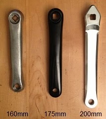 Various bike cranks lengths including 200mm cranks for tall people